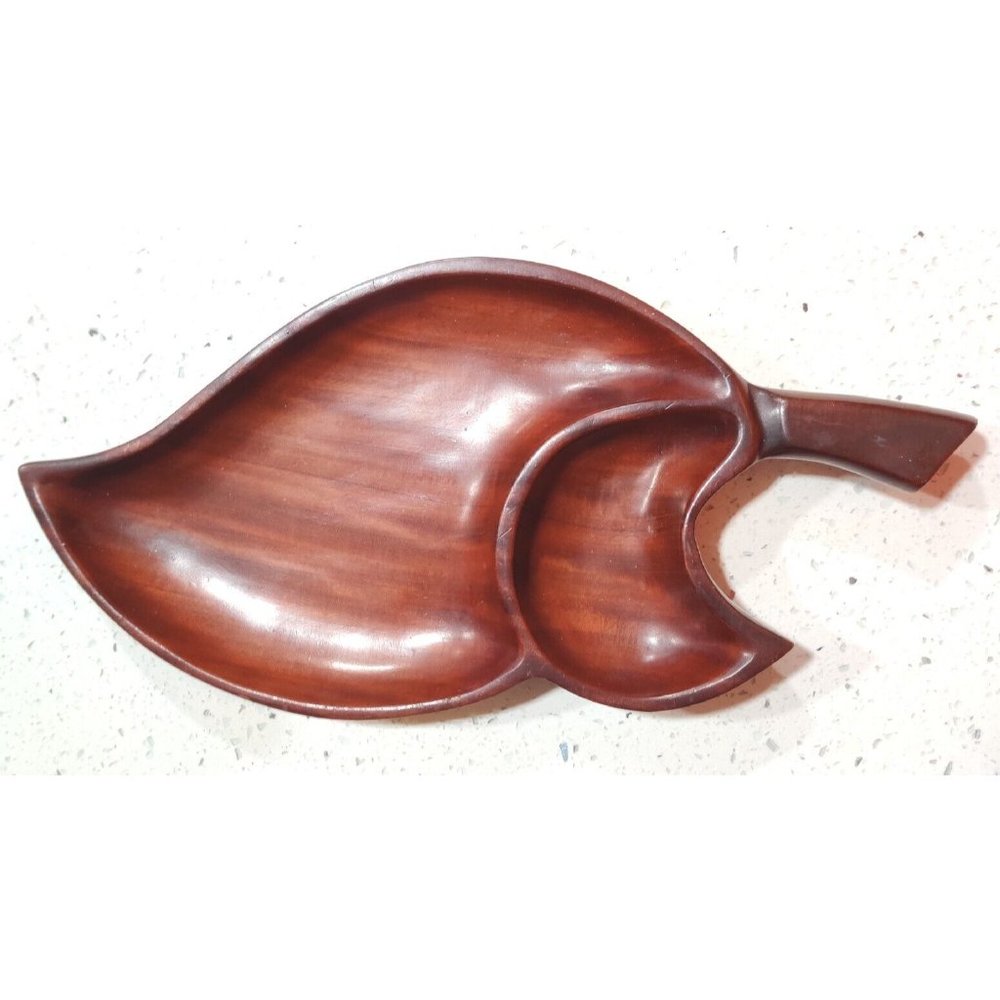 Vtg 2 Sectional SOLID MAHOGANY SERVING TRAY HANDMADE IN HAITI 13(15)x7.25x1.25"